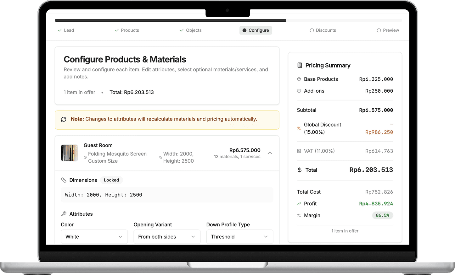 AvantaFlow product configuration dashboard showing pricing and materials