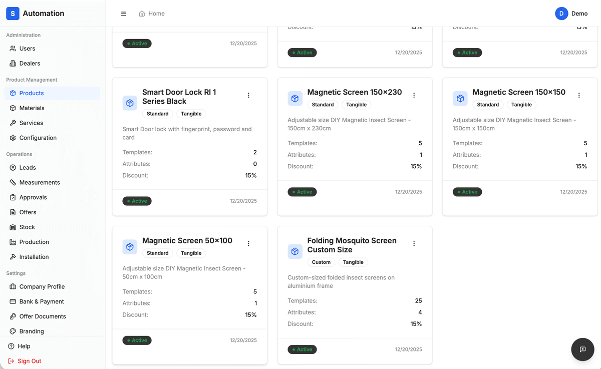 Product catalog showing various product cards with attributes and pricing